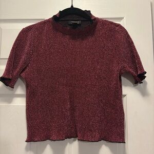 Whimsigoth Glitter Metallic Burgundy Ribbed Short Sleeve Cropped Top